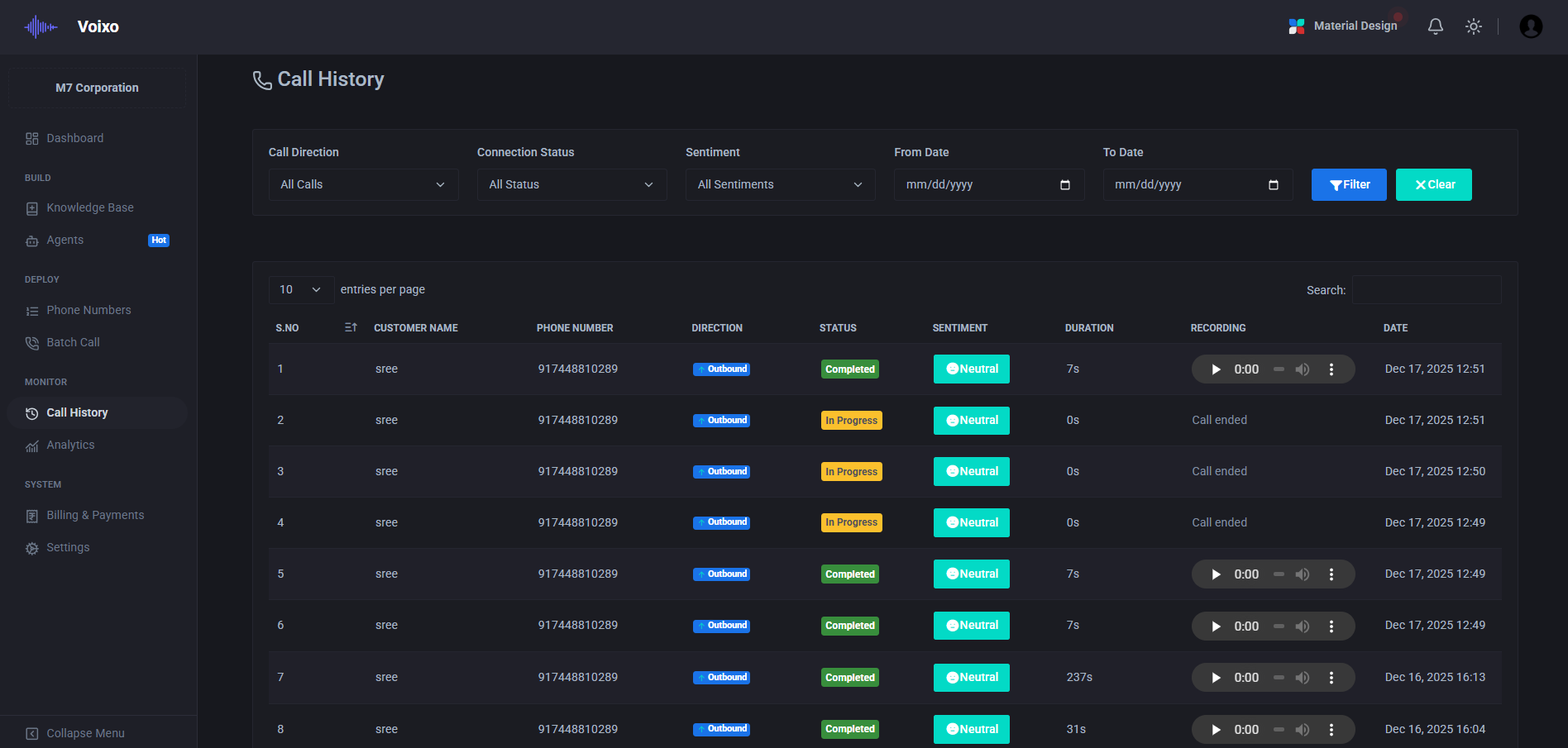 Call History Interface