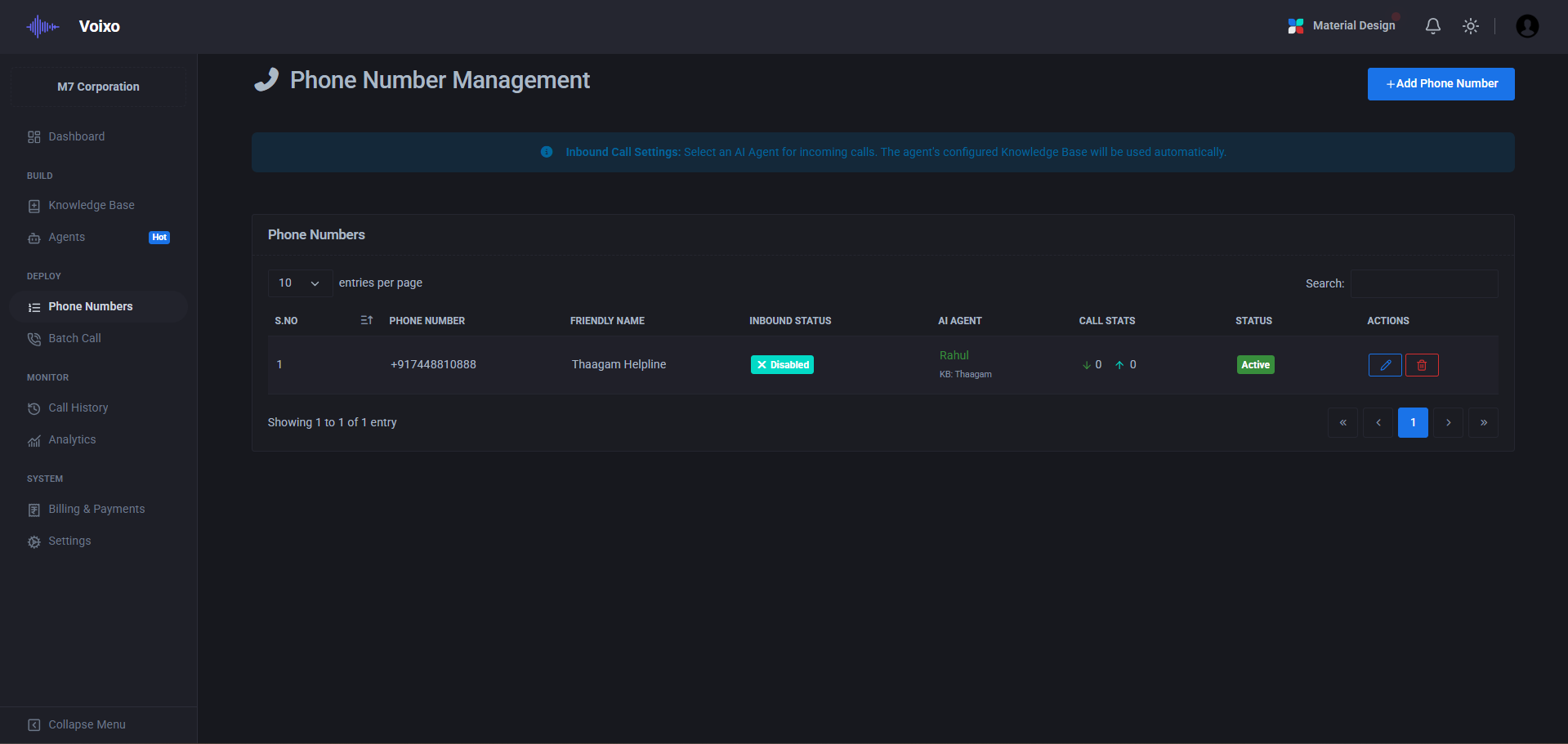 Phone Number Management Interface